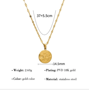 Detail of 14.5mm gold hammered round pendant on 37cm stainless steel chain