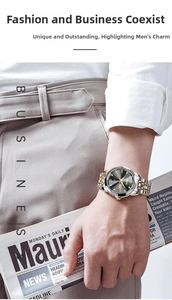 Close-up of luxury men's business quartz watch with steel band and dual date display