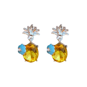 Boucles d'oreilles ananas rétro avec pierres jaunes facettées et accents floraux