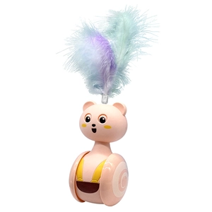 Pink tumbler cat toy with colorful feathers and cute bear design on white background