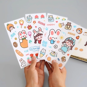 Cute cartoon rabbit stickers set for water bottles featuring colorful girl hand-drawn patterns