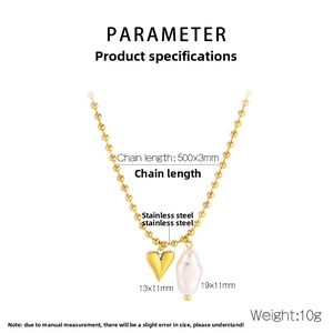 Detailed specs of the gold stainless steel heart and irregular pearl pendant necklace
