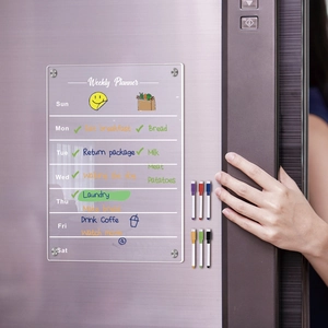 Clear acrylic weekly planner on stainless steel fridge with six colorful magnetic markers