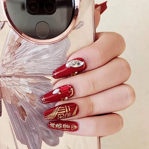 Press On Nails Burgundy Red Rhinestone Artificial Pearl Decor Chinese New Year Festive Long Coffin Shape ABS Plastic For Women
