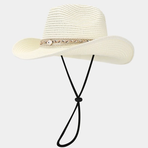 Detail of beige straw cowboy hat featuring woven decorative band and adjustable windproof strap