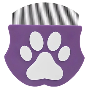 Purple pet face comb with white paw print and dense metal teeth for grooming
