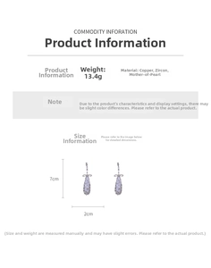 Detailed size and material specs for silver bow teardrop earrings with zircon and mop