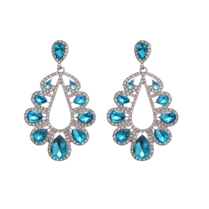 Elegant silver drop earrings with blue teardrop crystals and sparkling rhinestones