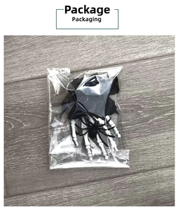 Macro detail of Halloween bone claw hair clip and spider accessory in clear packaging