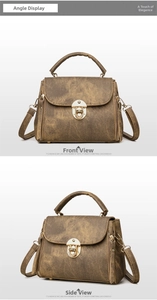 Detail view of vintage caramel brown handbag with matte texture and gold metal clasp lock