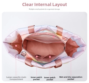 Detail view of large capacity interior with wet-dry separation pocket in iridescent travel bag