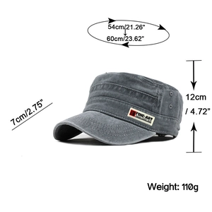 Detail view of washed canvas cadet cap showing size specs 54-60cm and side logo patch