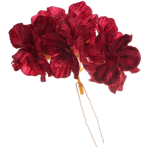 Elegant dark red fabric flower hair pin with golden U-shaped metal fork for hair styling