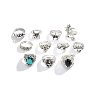 11-piece vintage silver gothic ring set featuring dragon skull snake and turquoise stones