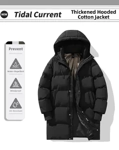 Detail of hooded padded winter coat featuring windproof cuffs and water-resistant fabric