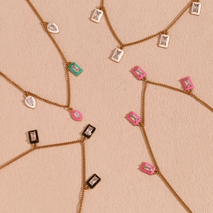 Gold plated stainless steel necklaces with rectangle and water drop enamel zircon pendants
