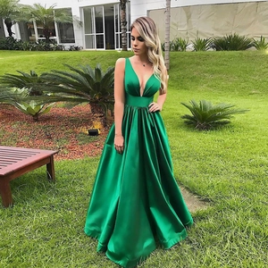 Satin Evening Gown Deep V Neck Sleeveless High Waist A Line Floor Length Elegant Formal Party Dress For Women