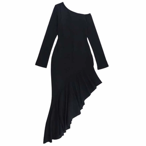 Detail of black off-shoulder maxi dress featuring asymmetric mermaid ruffled hemline