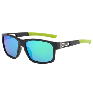 Detail view of square frame cycling sunglasses with neon green non-slip temple tips