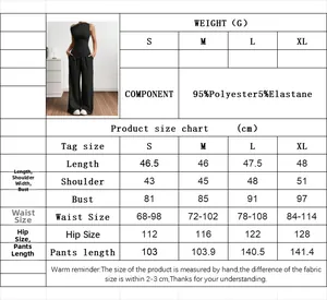 Size chart for women's sleeveless top and wide-leg pants set with detailed measurements