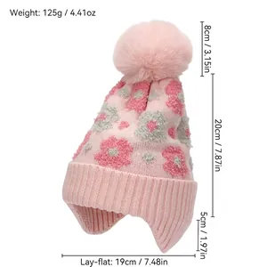 Bonnet d'hiver rose pour filles avec motifs floraux et grand pompon en fausse fourrure