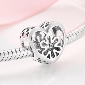 S925 sterling silver heart bead with hollow flower pattern and paw prints for bracelets