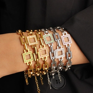 Luxurious stainless steel bracelet with colorful zircon stones worn on wrist
