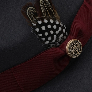 Detailed macro view of dark grey felt hat with burgundy ribbon, feathers and gold badge