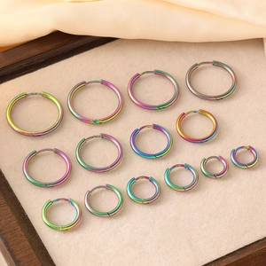 Rainbow plated stainless steel hoop earrings in various sizes on a neutral display tray