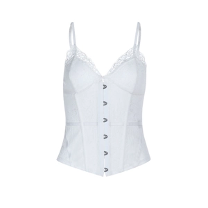 Close-up of white lace camisole featuring delicate floral patterns and front hook fasteners