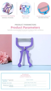 Detail view of a facial spring hair remover tool with purple ergonomic handles