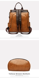 Detail of yellow-brown PU leather backpack showing anti-theft back pocket and wide base