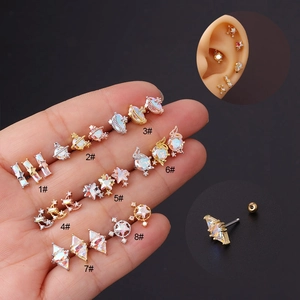 Stainless Steel Cartilage Helix Piercing Stud Earrings Copper Inlaid Zirconia Opal Geometric Star Moon Screw Ball Back