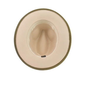 Close-up of olive green wool fedora interior showing the beige lining and sweatband
