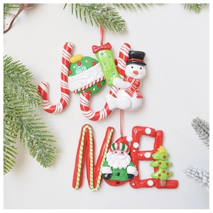 Festive clay Christmas ornaments with JOY and NOEL lettering in red green and white