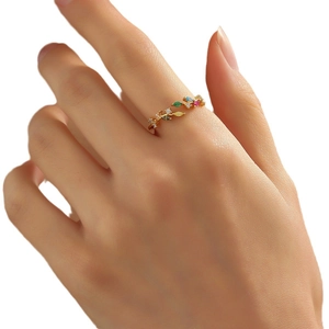 Fashionable leaf ring for women with micro-paved colorful zircons and adjustable band