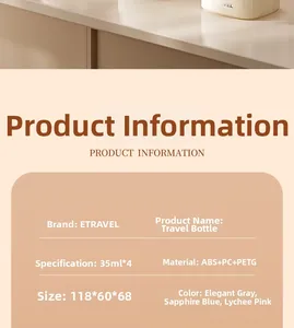 Detail showing 35ml travel bottle set specs with ABS and PETG material information