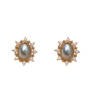 French vintage oval pearl earrings with gold plating and iridescent gemstone inlays