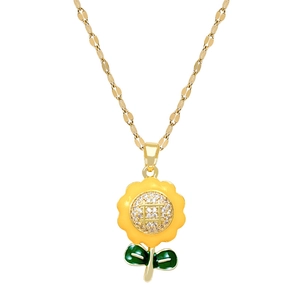 Golden titanium steel sunflower necklace featuring yellow enamel petals and shiny rhinestones