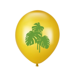 Yellow latex balloon featuring green tropical monstera leaf patterns for party decor