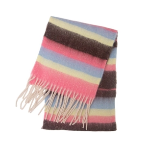 Detail of soft striped wool scarf with colorful fringe in pink blue and yellow