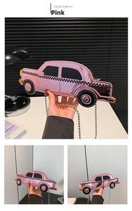 Detailed views of a pink car-shaped handbag with glossy finish and silver chain