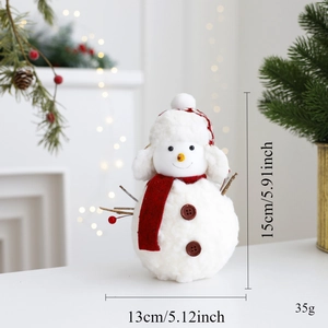 Detailed view of plush Christmas snowman ornament showing dimensions of 15x13cm