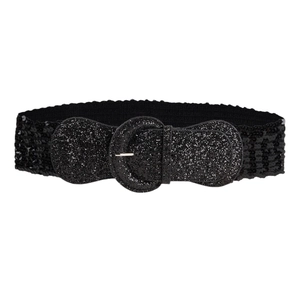 Elastic black sequin wide waist belt with metallic round buckle for dresses