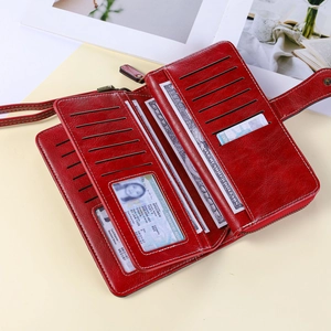 Portafoglio lungo rosso in pelle con protezione RFID e cinturino da polso rimovibile