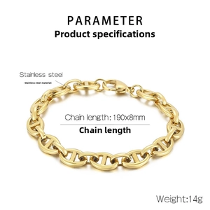 Macro detail of golden stainless steel anchor chain bracelet with lobster clasp and dimensions