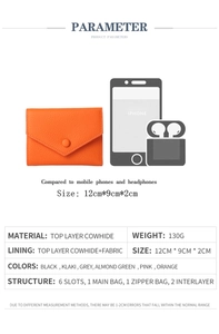 Detailed size comparison and specifications for this genuine leather orange wallet