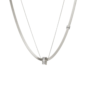 Double-layered silver titanium steel necklace featuring a snake chain and zircon ring