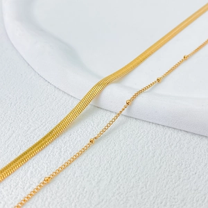 Double-layered 18K gold plated herringbone and satellite chain necklace for women