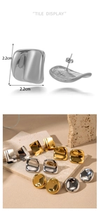 Detail view of geometric square and round stainless steel stud earrings with dimensions